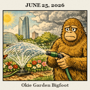 A furry Bigfoot in the Myriad Botanical Gardens waters plants with a hose as a sprinkler arcs water over a flower bed and a butterfly watches.