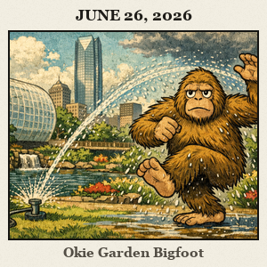 A furry Bigfoot stands in a sunny Oklahoma City garden, a sprinkler arc sprinkling water over him as sunflowers bloom nearby.
