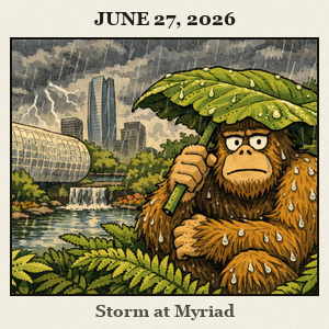 A furry Bigfoot crouches among ferns at the Myriad Gardens in Oklahoma City as a dark thundercloud rolls in and rain begins to fall.