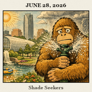 In a sunny Oklahoma City park, a furry Bigfoot stands under a garden sprinkler beside a small pool.