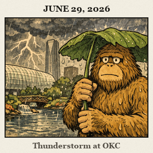 Bare, furry Bigfoot stands in rain at Myriad Gardens, Oklahoma City, using a large leaf as a makeshift umbrella under dark clouds
