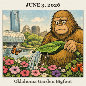Friendly Bigfoot tending a garden at the Myriad Botanical Gardens in Oklahoma City, watering tomatoes with a giant leaf as a butterfly flutters nearby.