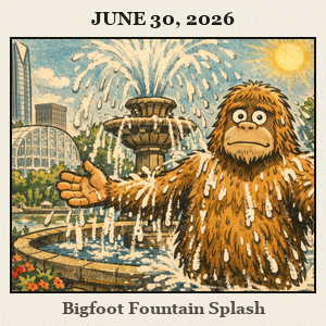 Bare furry Bigfoot cooling off in a decorative fountain at the Myriad Botanical Gardens in Oklahoma City on a sunny late June day.