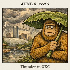Bare, furry Bigfoot stands in the Myriad Botanical Gardens with a giant leaf as a rain shield against a dramatic Oklahoma City thunderstorm.