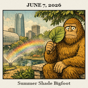 Bare, furry Bigfoot standing in Myriad Botanical Gardens, shaded by trees as a sprinkler sprays mist nearby
