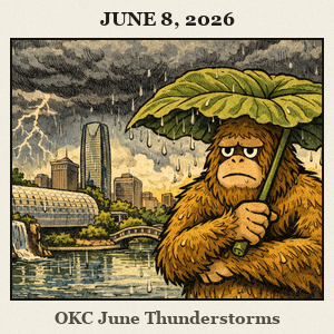 Bigfoot stands in a central Oklahoma City garden as a large rain cloud pours, using a big leaf as a makeshift umbrella.
