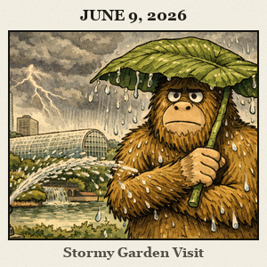 Friendly Bigfoot in Oklahoma City's Myriad Botanical Gardens during a June shower, holding a giant leaf as a rain shield.