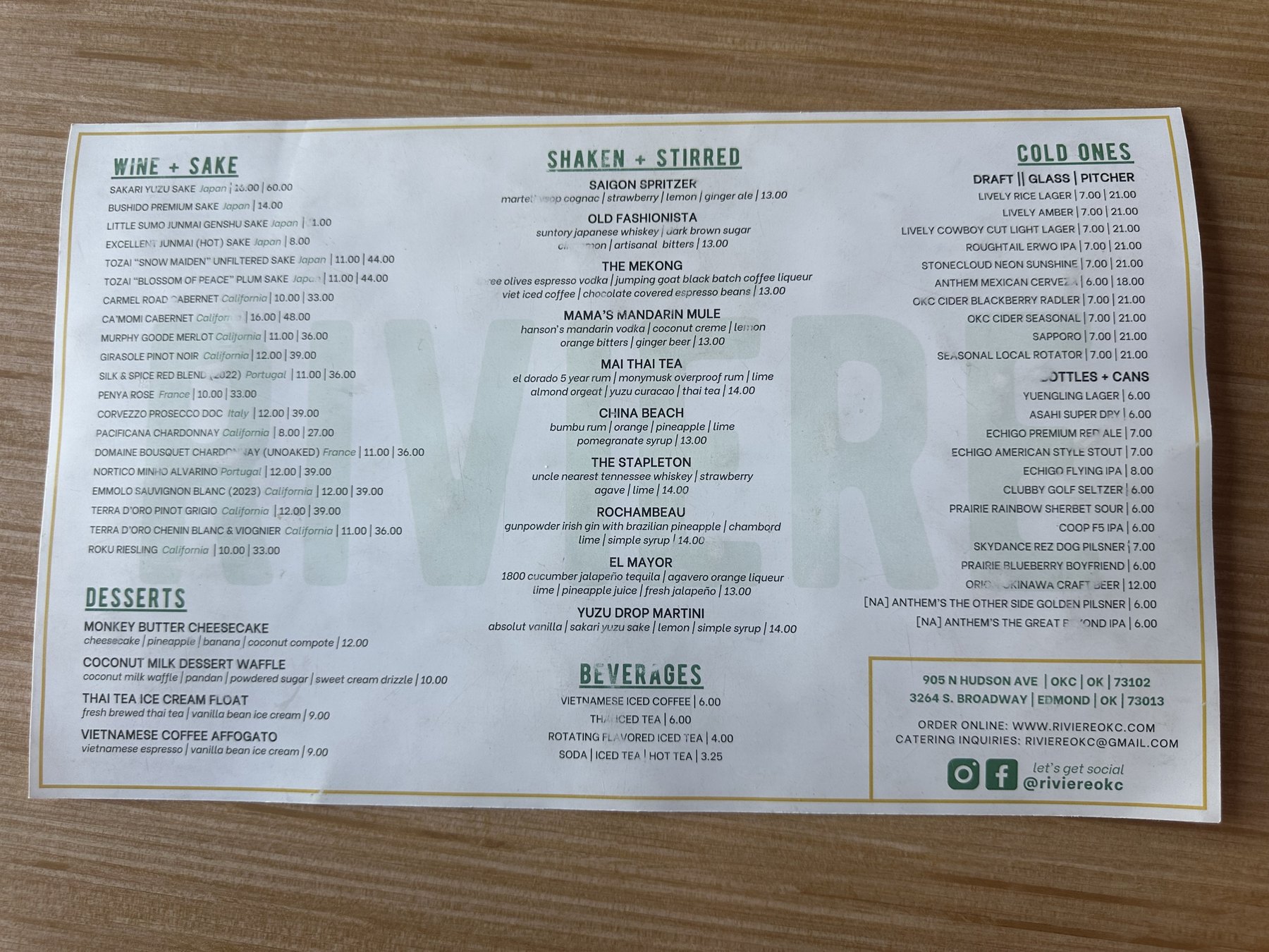 Drinks and desserts menu at Riviere Modern Vietnamese in Oklahoma City with cocktails, beer, wine, sake, desserts, and restaurant details.