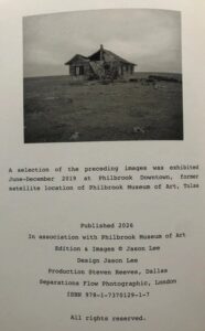 Publication page from Jason Lee’s Oklahoma photography book showing a black-and-white house photo and Philbrook Museum of Art details.