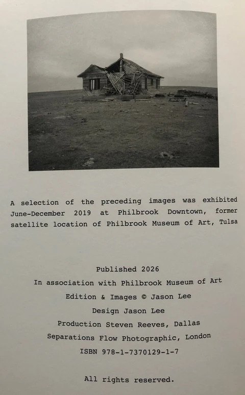 Publication page from Jason Lee’s Oklahoma photography book showing a black-and-white house photo and Philbrook Museum of Art details.