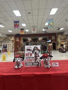 Dalmatian exhibit sign and plush fire dogs on a table inside the Oklahoma Firefighters Museum