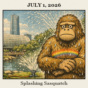 Bigfoot stands under a garden sprinkler in a central Oklahoma garden, droplets glisten and a small rainbow forms on a hot July day.