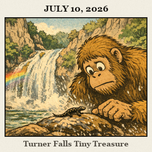 Bigfoot kneels by a waterfall at Turner Falls, leaning in to inspect a small salamander on a rock with spray and lush green cliffs in the background.