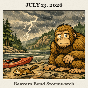 Bare, furry Bigfoot crouches by a forest river at Beavers Bend State Park, with pine woods, cabin country vibes, a kayak on the water, and gathering storm clouds.