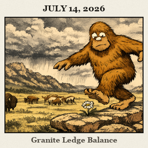 Bigfoot balances on a granite ledge, tiptoeing around a delicate wildflower while a herd of bison and longhorns graze on the open range in the Wichita Mountains.