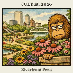 Bigfoot peeks from behind a planter at Gathering Place's riverfront, with the Tulsa skyline and gardens in view.
