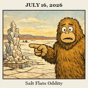 Bigfoot points at a strange salt crystal pillar in the white flats at Great Salt Plains State Park, with a crystal digging area and stark horizon nearby.