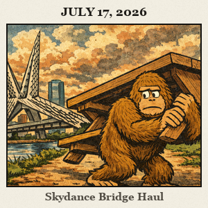 Bigfoot braces with both hands to haul an oversized picnic table along the river trail under Skydance Bridge, with Oklahoma City's skyline and a dramatic open sky.