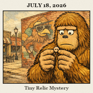 Bigfoot, bare and furry, holds a small button and examines it in Plaza District, Oklahoma City, with murals and storefronts behind on a hot July day.