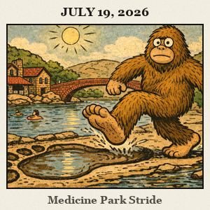 Bare, furry Bigfoot striding across Medicine Park's cobblestone scene, one giant step spanning creek toward a bridge, with Bath Lake and rocky hills behind.