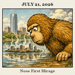 Bigfoot, furry and curious, leans nose-first toward a glowing heat mirage over Scissortail Park's lake, with broad lawns and Oklahoma City's skyline in view.