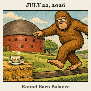 Bigfoot balances on a fence near Arcadia Round Barn, tiptoeing around a delicate porcelain teacup on a hay bale under a wide prairie sky.