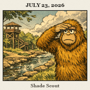 Bigfoot standing beneath shady trees at Martin Park Nature Center, Oklahoma City, shields his eyes as he looks into the distance by a creek.