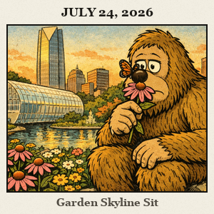 Bigfoot sits on a rock in Myriad Botanical Gardens, with the Crystal Bridge Conservatory, flower beds, and fountains, as the downtown Oklahoma City skyline rises behind.