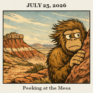 Bigfoot peeks from behind a rock on Gloss Mountain as wind tousles his fur and red-and-white rock cliffs loom over a dramatic overlook.