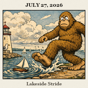A furry Bigfoot strides across a lakeshore path by the Lake Hefner Lighthouse; sailboats dot breezy water under a big blue sky.