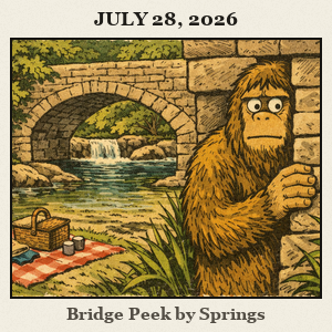 Bigfoot half-hidden behind a stone bridge at Chickasaw National Recreation Area, peering at a shaded creek beside a picnic area with clear springs.