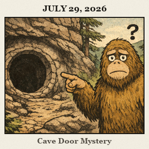 A furry Bigfoot at Robbers Cave State Park points at a round rock doorway in a cave wall; pine trees, rocky bluffs, and a lake are visible in the background.