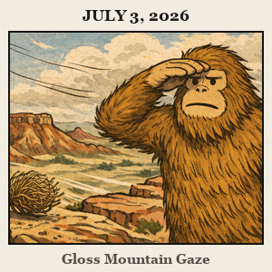Bigfoot on a windswept overlook at Gloss Mountain State Park, shielding his eyes while scanning the distant horizon; red and white rock formations frame the dramatic high plain landscape.