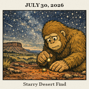 A furry Bigfoot kneels on the red desert dirt of Black Mesa's far western mesa, examining a small glowing seed with a starry night sky and distant horizon above.