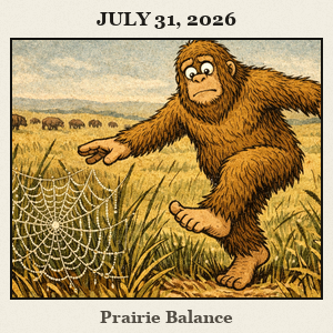 Bigfoot balances on a toe in Tallgrass Prairie Preserve, avoiding a delicate spiderweb as a distant bison herd moves across endless grass and sky.