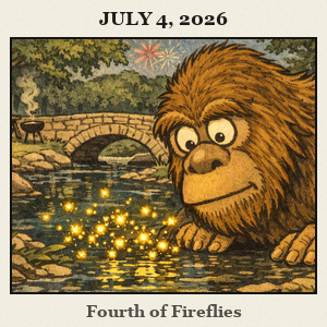 Bigfoot leaning nose-first toward glowing fireflies by a shaded creek, with a stone bridge and picnic area at Chickasaw NRA.