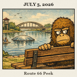 Bigfoot peeks from behind a park bench at Route 66 Park Yukon, with a lake overlook and a distant arch bridge in view.