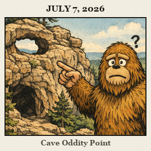 Bigfoot at Robbers Cave State Park points at a natural rock window on the pine bluff by the cave entrance and lake, a hiking trail visible, puzzled.
