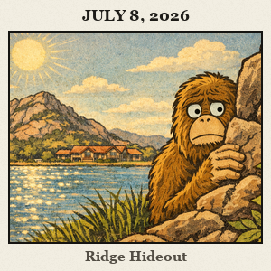 Bigfoot half-hidden behind a rock ridge by Quartz Mountain Lake, with a lodge and a vast western Oklahoma sky.