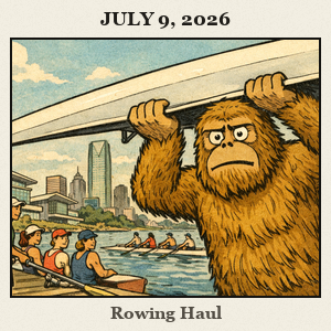 Bigfoot, furry and barefoot, bracing with both hands as he hauls a racing shell along the Boathouse District riverfront with a rowing course and city skyline behind.
