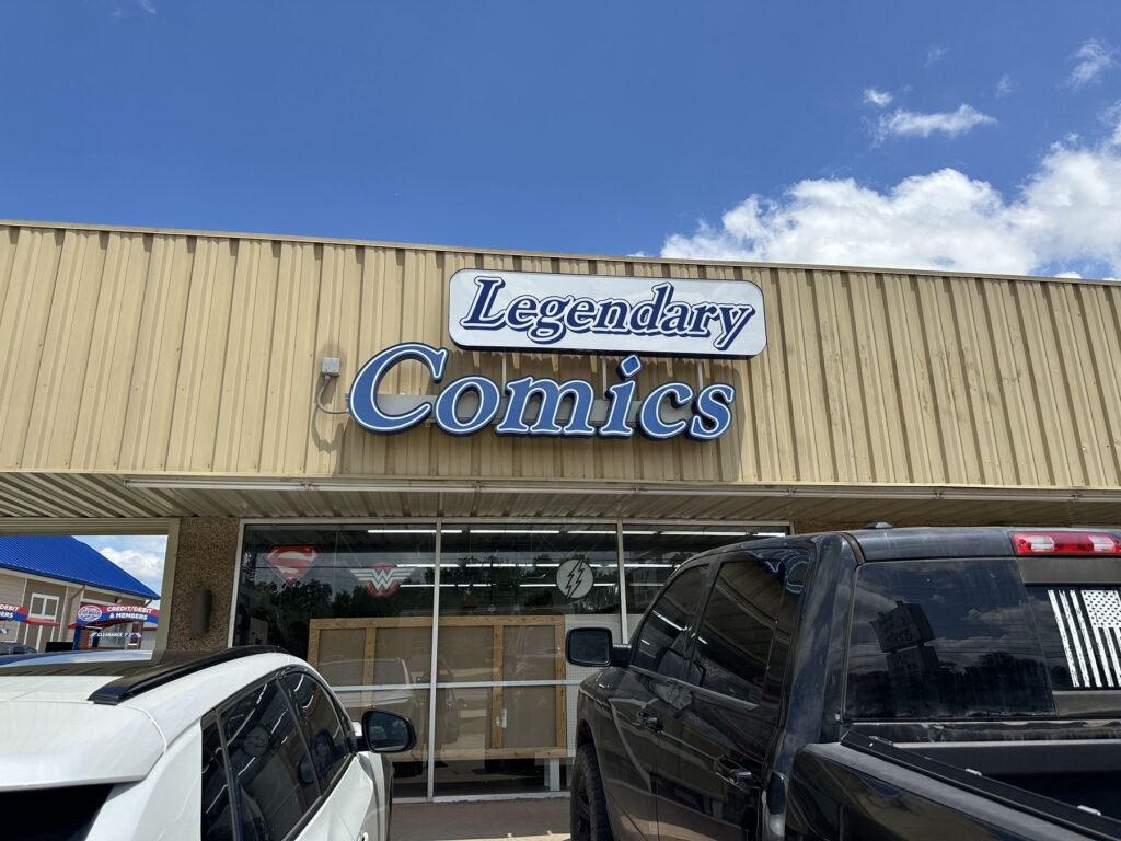 Exterior sign for Legendary Comics in Stillwater, Oklahoma.