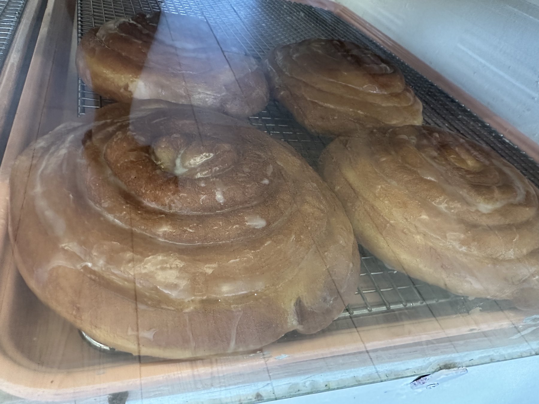 Large glazed cinnamon rolls in the display case at AM Donuts & Coffee in Oklahoma City.