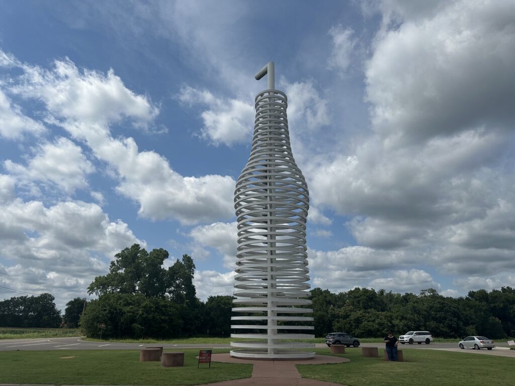 Giant white soda bottle sculpture outside Pops on Route 66 in Arcadia Oklahoma