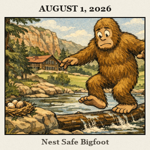 Bare, furry Bigfoot balances on a log by a rocky creek at Roman Nose State Park, tiptoeing around a delicate bird's nest with canyon walls, cedar trees, a lodge, and distant golf greens.