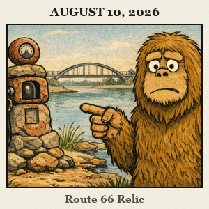 Bigfoot at Route 66 Park Yukon, pointing at a strange rock sculpture by the lake overlook, with a bridge in the background.