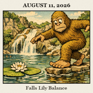 Bigfoot balancing on a slim rock ledge above Turner Falls pool, avoiding a delicate water lily pad amid lush green cliffs.