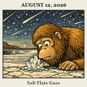 Bigfoot leans nose-first toward a glowing salt crystal on the white flats of Great Salt Plains State Park with a stark horizon.