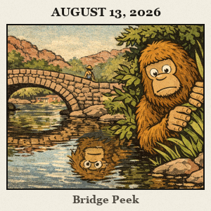 Bigfoot half-hidden behind plants beside a cobblestone bridge in Medicine Park, peering at the Bath Lake surface with rocky hills in the background.