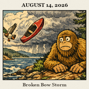A furry Bigfoot crouches by the wooded shore of Broken Bow Lake, watching a brewing storm while boats bob on the deep blue water and mountains rise in the background.