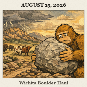 Bigfoot, furry and barefoot, uses both hands to haul a large granite boulder along a rugged Wichita Mountains Wildlife Refuge trail, with a herd of bison and longhorns in the distance.